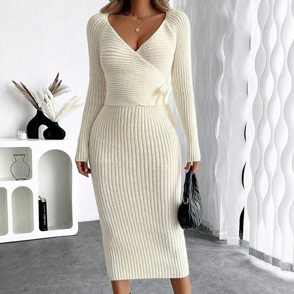 Beige Elegant Women's Stylish Knit V-Neck Cross-Tie Slimming Maxi Dress - Picture 4 of 7